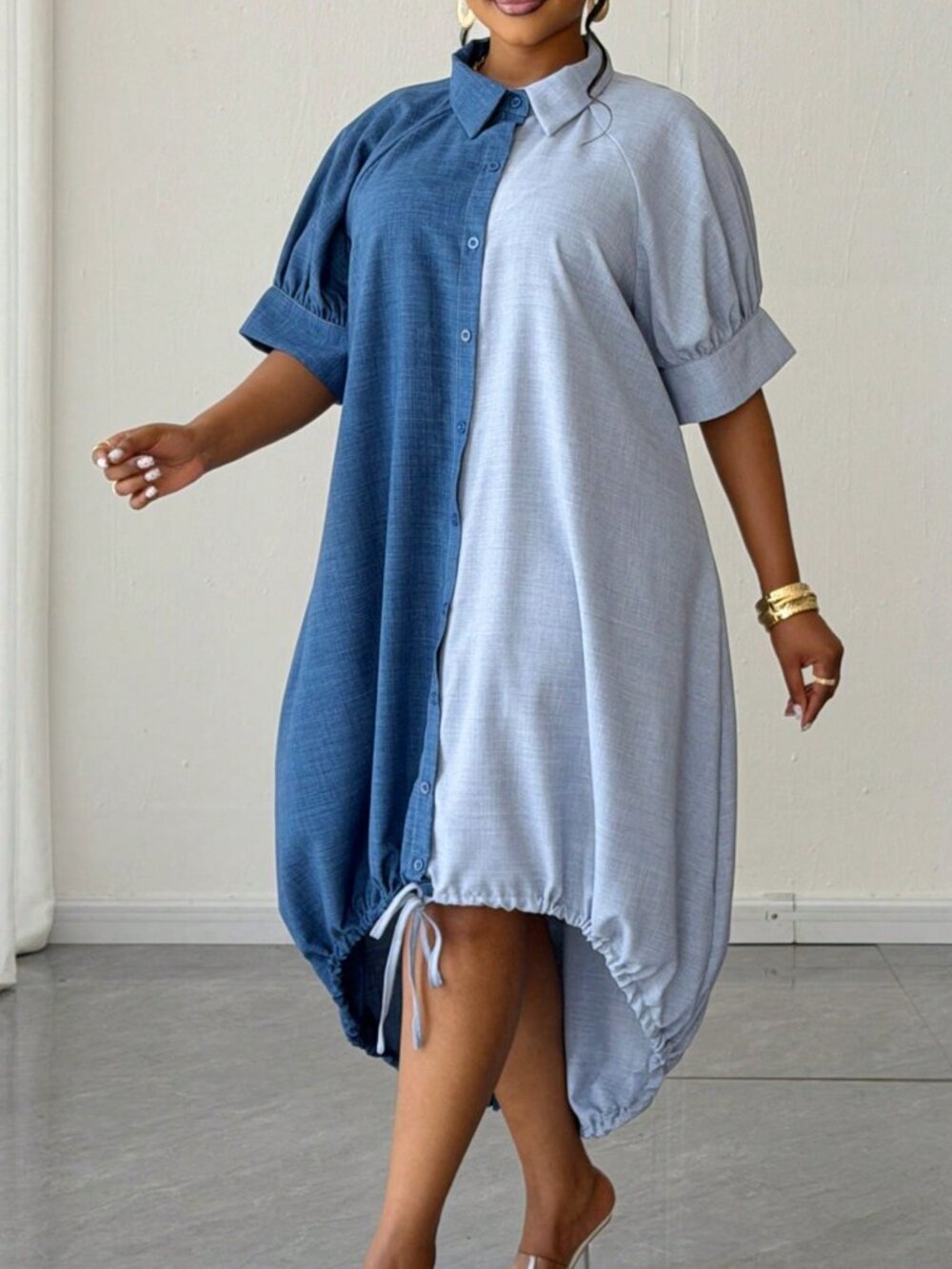 Blue Casual Women's Plus Size Short Sleeve Single-Breasted Shirt Dress - Picture 3 of 6